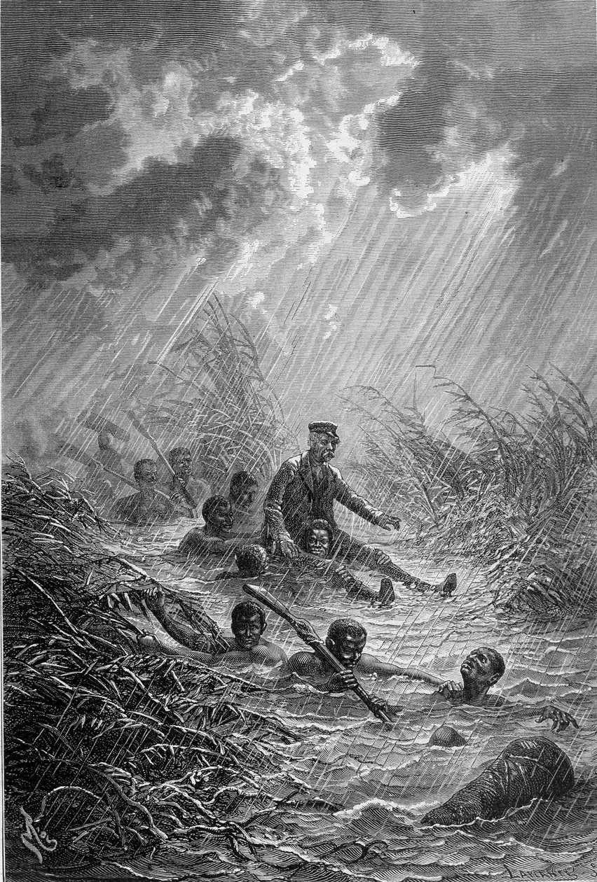 利文斯通和他的手下穿过一条水道--"利文斯通1866-1873年的最后一次航行"，载于《世界之旅》第二学期。1875 作者 未知艺术家