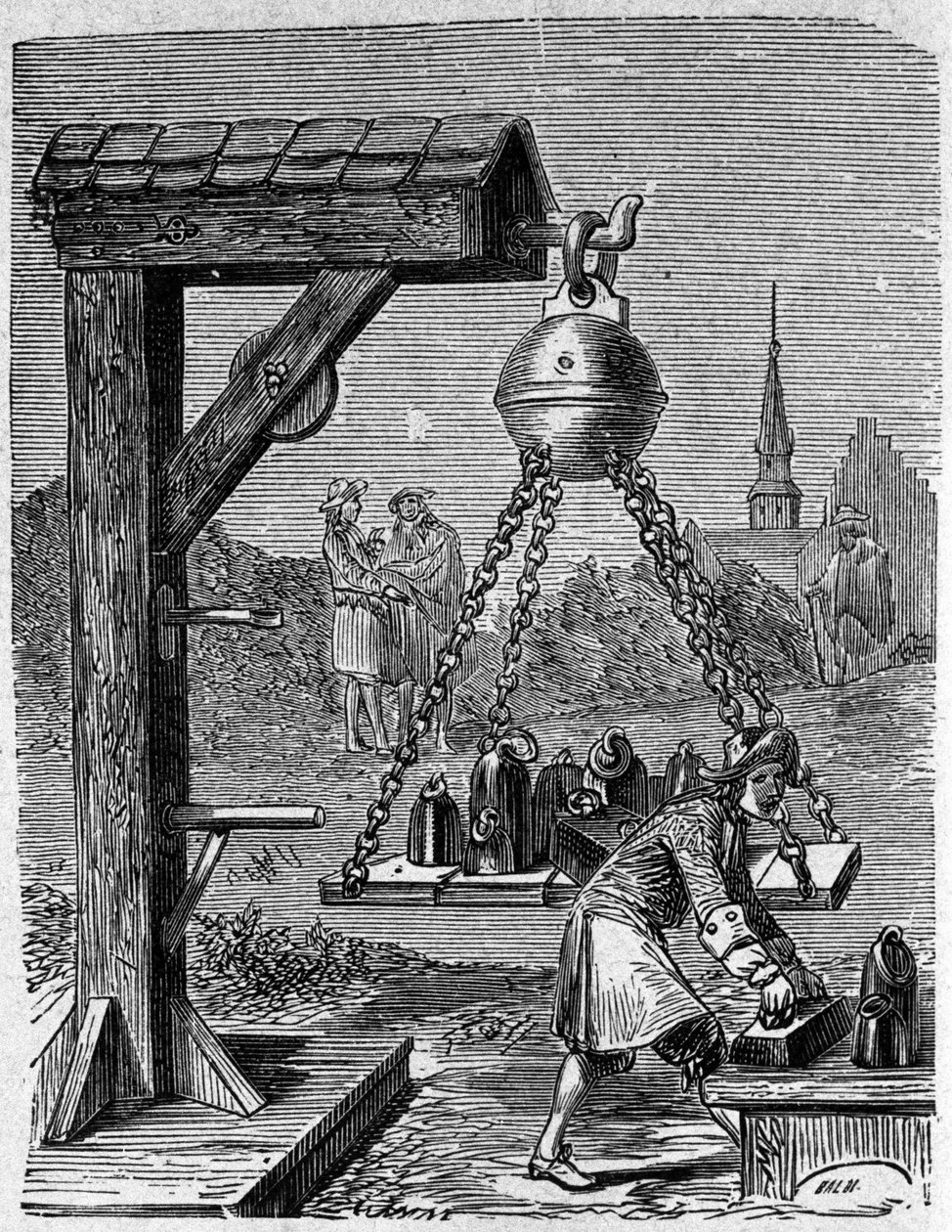 Loading of suspended Magdeburg hemispheres. Engraving from “Ottonis de Guericke: Experimenta Nova Magdeburgica de vacuo spatio” by Otto von Guericke (Otto de Guericke 作者 未知艺术家