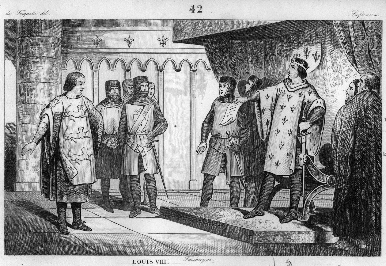 狮子路易八世（1187-1226）接待了他的敌人英格兰亨利三世（1207-72）的特使--卡佩特王朝的路易八世，即 "狮子"（1187-1226），对英格兰国王亨利三世的特使做出了自豪和友好的回应--1的雕刻版画 作者 未知艺术家