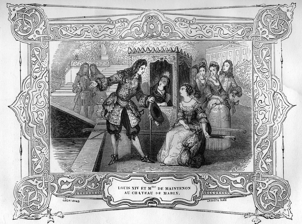 路易十四和弗朗索瓦兹-德奥比涅，曼特侬侯爵夫人（1634-1719）在马利城堡。19世纪在 "法国古老城堡的奥秘或国王和王后的秘密爱情 "之后的版画。比安切蒂收藏 作者 未知艺术家