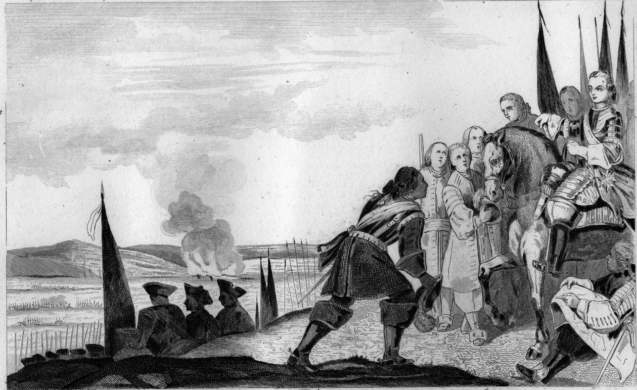路易十五（1710-74）在1745年的丰特努瓦战役中--奥地利继承战争（1740-1748）--萨克森的莫里斯，萨克森的马歇尔（1696-1750），丰特努瓦战役的胜利者，与法国国王路易十五（1710-1774）会面--1825年在《Hi 作者 未知艺术家