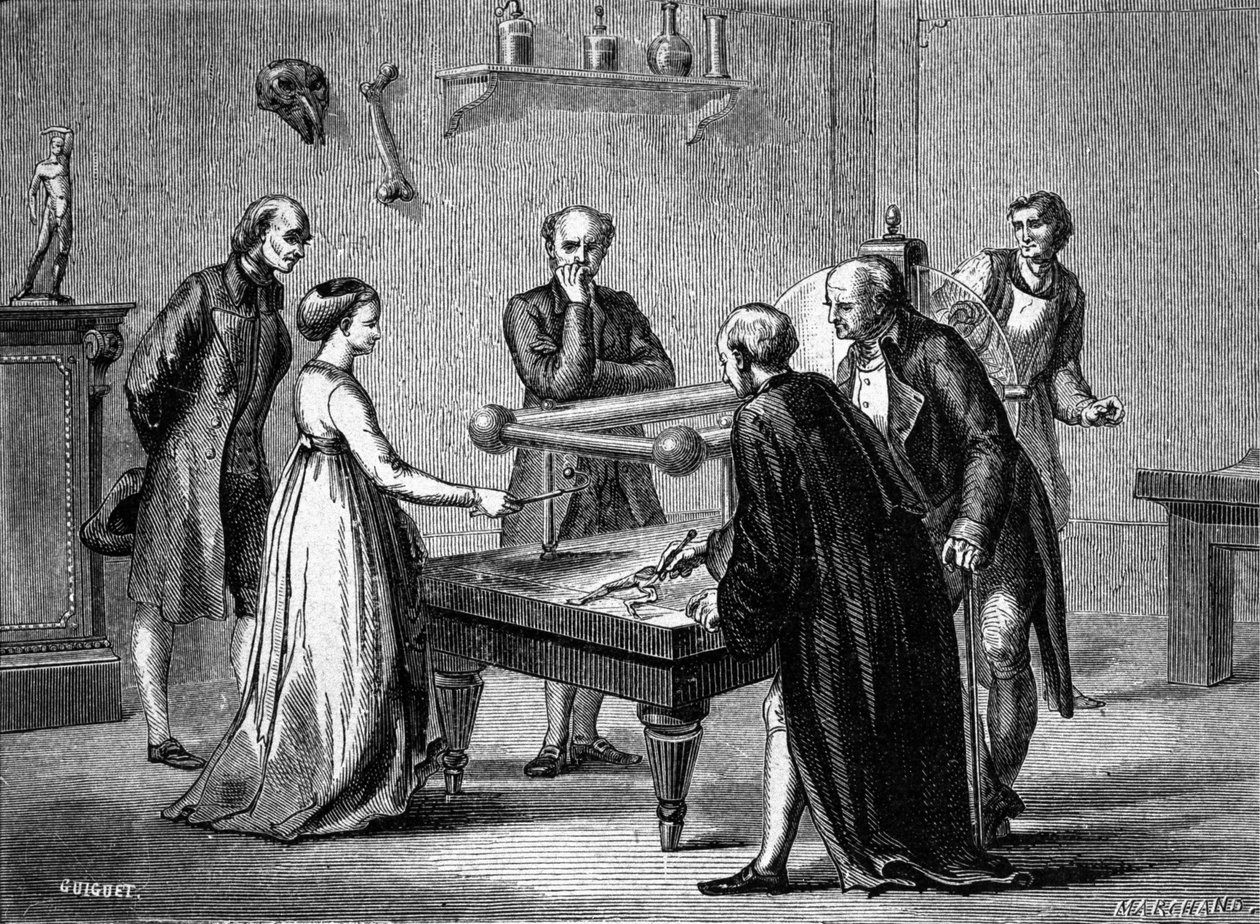 Luigi Galvani, professor in Bologna, discovered in 1780 the irritability of the frog muscles by electricity. Engraving of the 19th century. 作者 未知艺术家