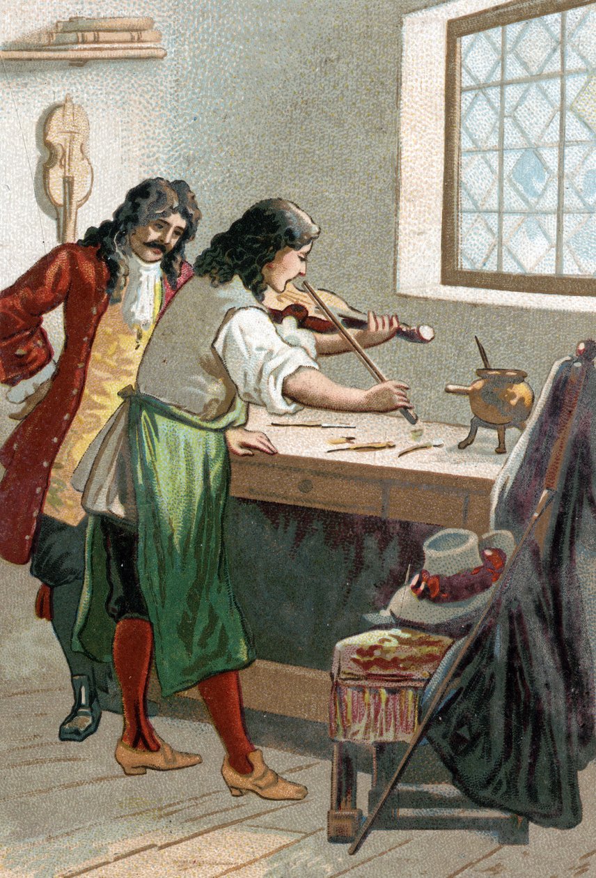 制琴师斯特拉迪瓦里（Antonio Stradivari）（1644-1737）在他的工作室。19世纪的彩色平版印刷 作者 未知艺术家