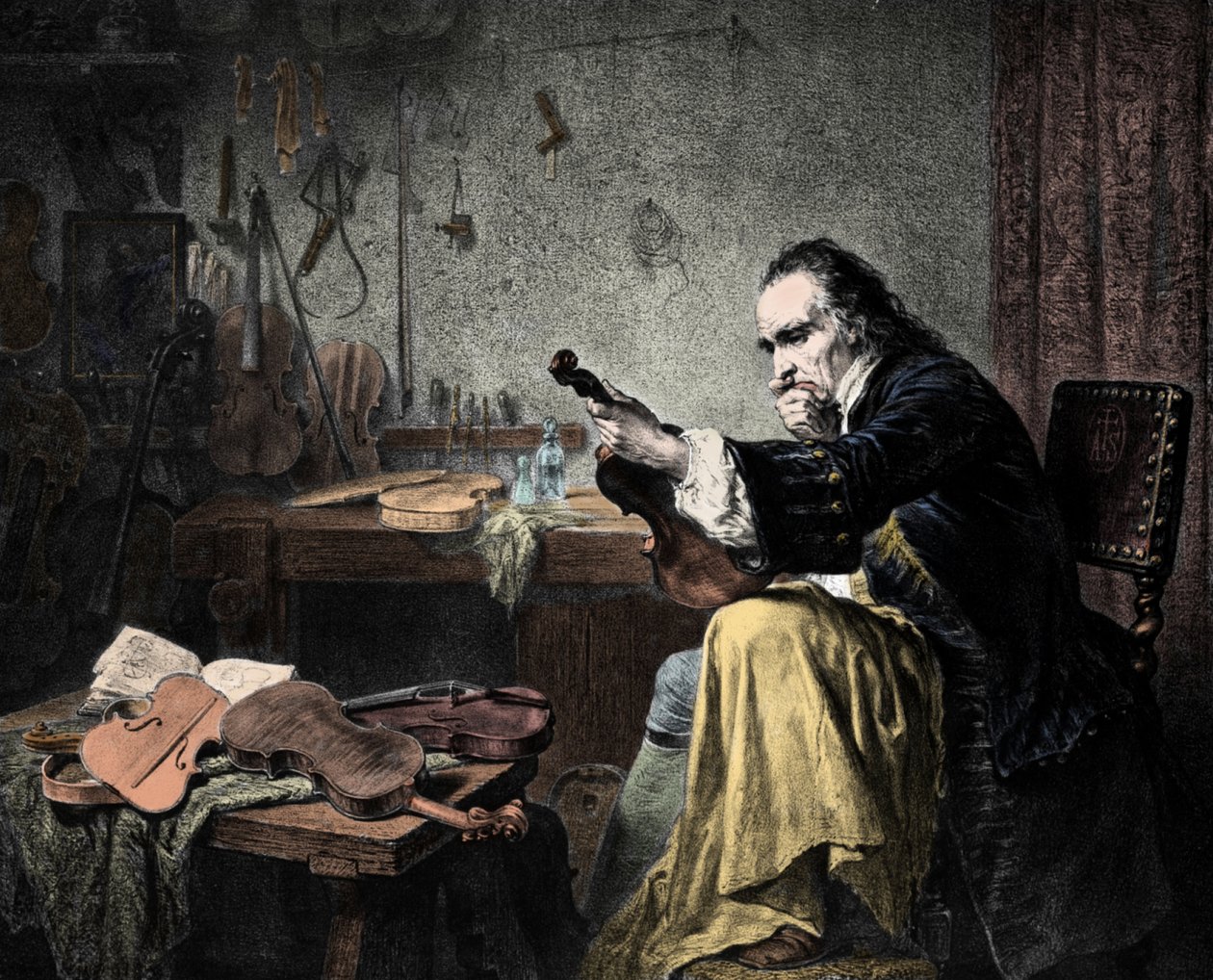 Luthier Stradivarius (Antonio Stradivari) (1644-1737) 在他的工作室。 雕刻由 Hammann.Violin 设计师 Antonio Stradivari (Stradivarius) 在工作。 作者 未知艺术家