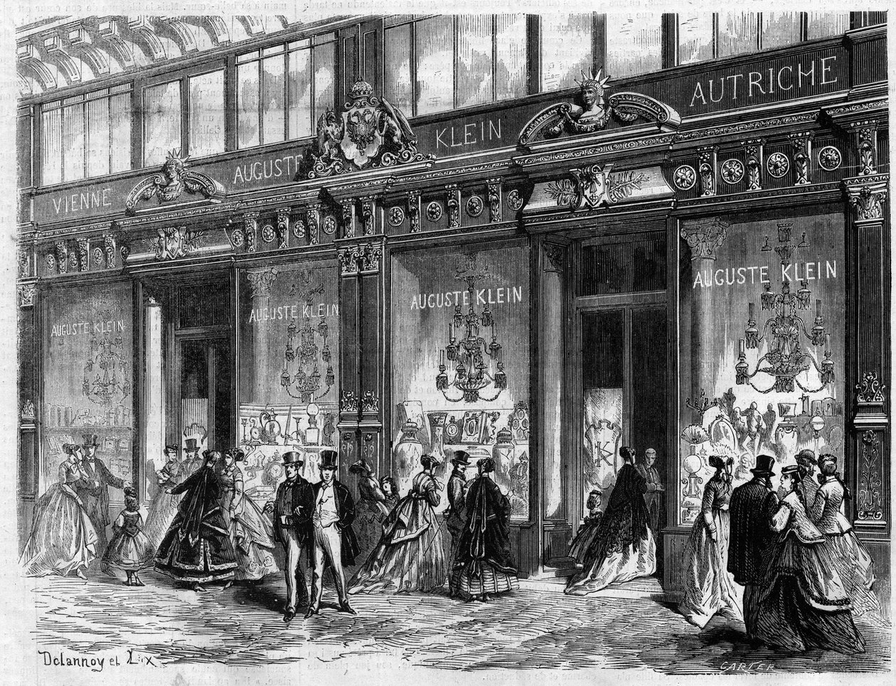 奢侈品在巴黎。奥古斯特-克莱因（Auguste Klein）的商店在卡普金大道（Boulevard des Capucines）开业。在 "图解世界 "中的雕刻作品 作者 未知艺术家