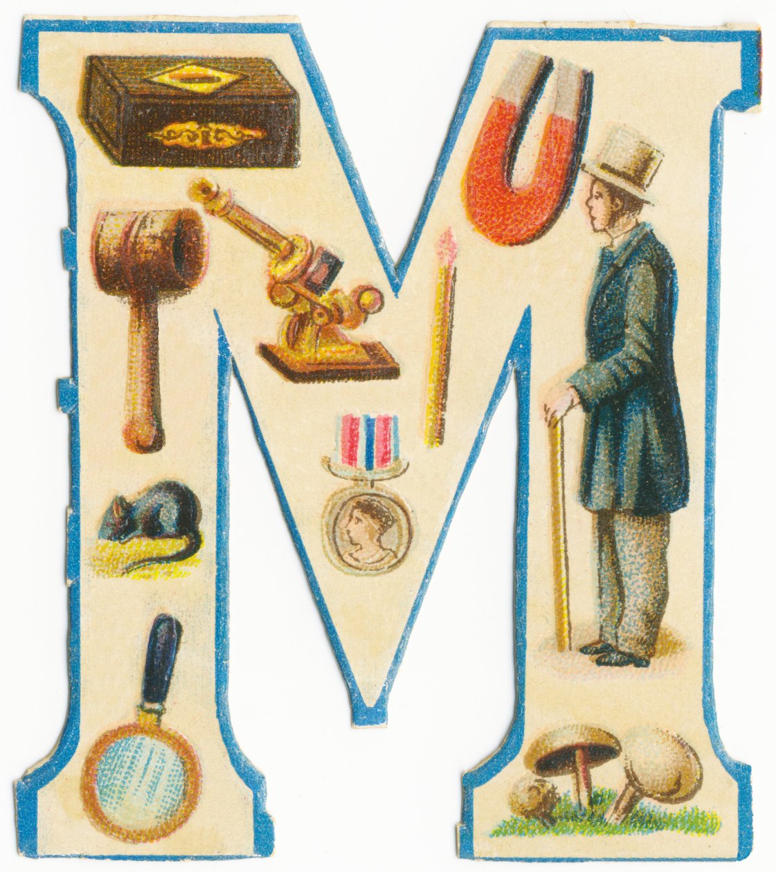 M：火柴，磁铁，木槌，显微镜，鼠标，奖牌，人，放大镜，蘑菇（彩色光刻） 作者 未知艺术家