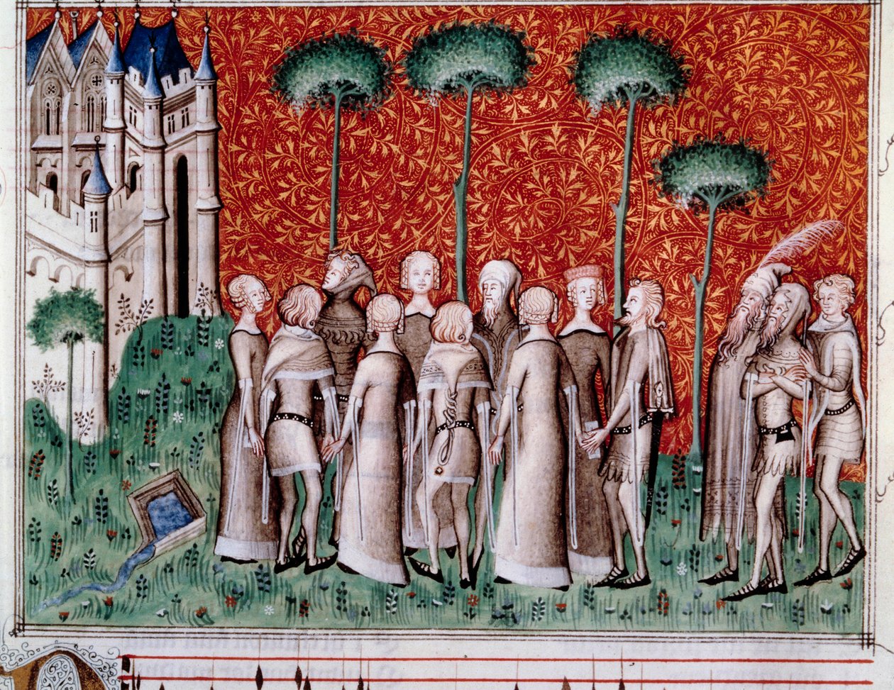 Machaut寻找他的夫人。 Guillaume de Machaut (v. 1300-1377) 的“Remede de Fortune”（第 51 对开本）乐谱的缩影，约 1350-1355 年。 作者 未知艺术家