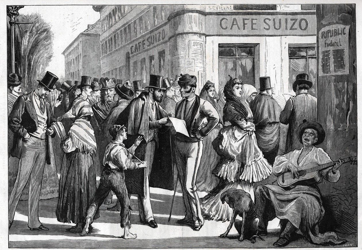 1873年的马德里。塞维利亚街和阿尔卡拉街拐角处的步行者。1873年的版画。 作者 未知艺术家