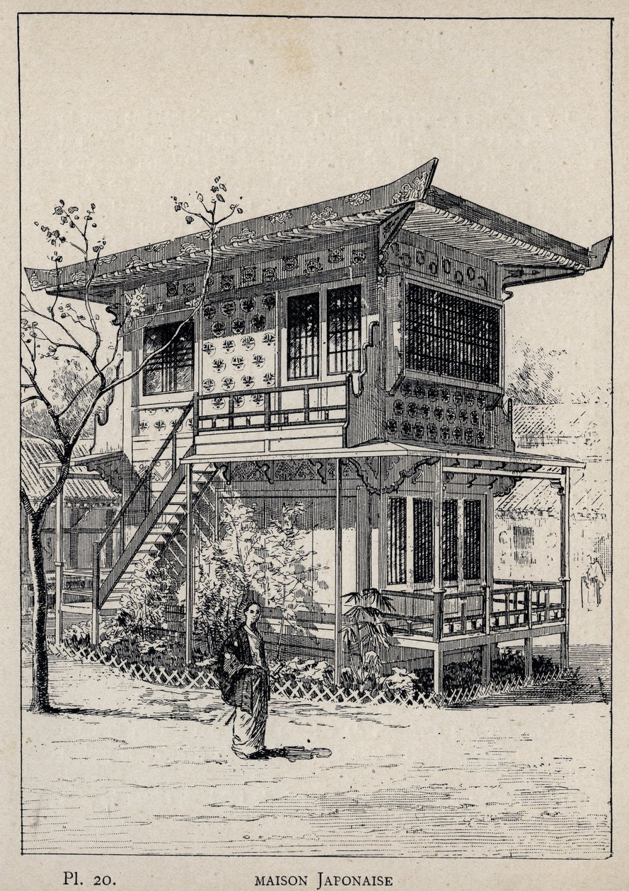 日本屋--1889年的雕刻，载于 "Histoire de habitation humaine à l