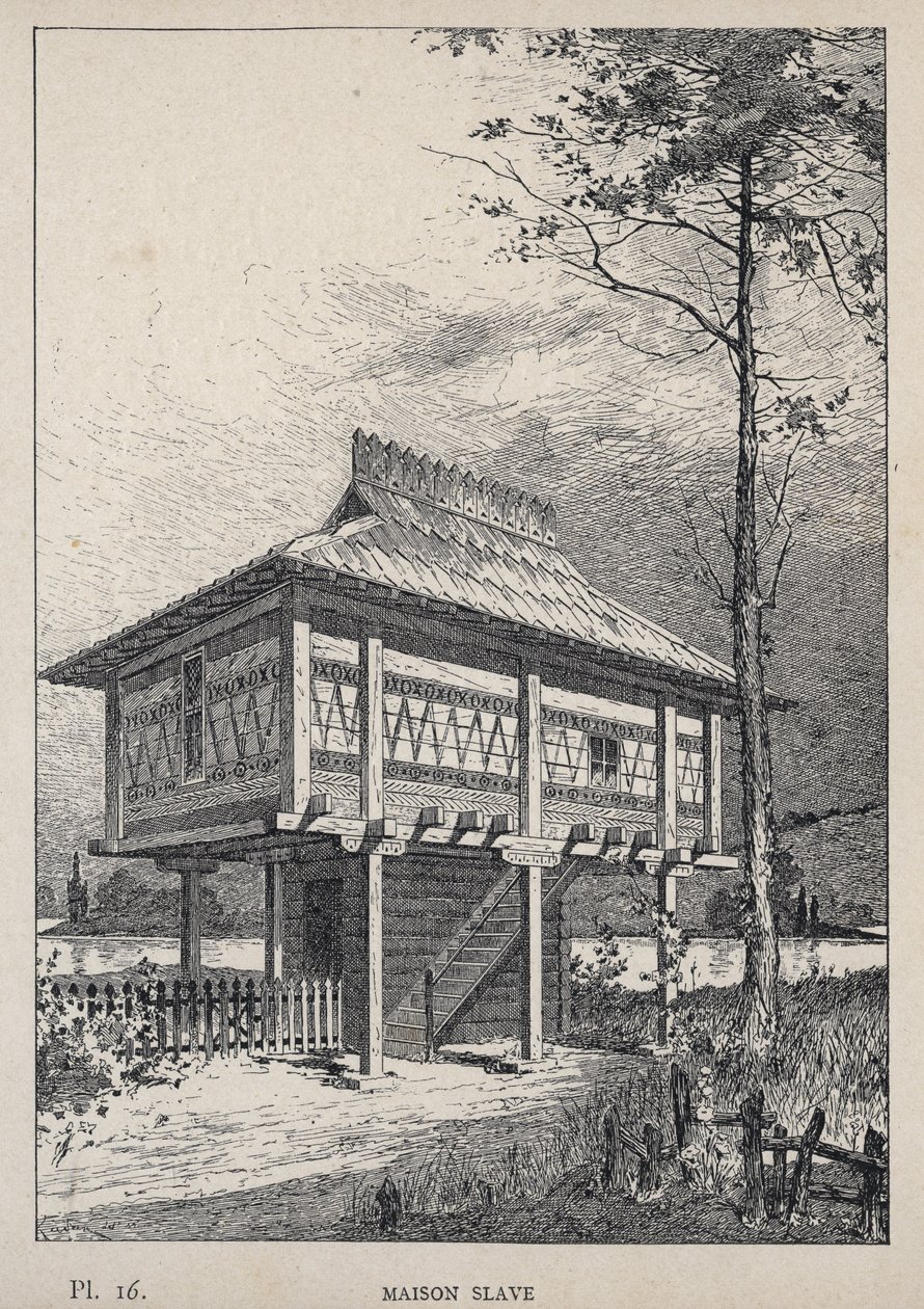 奴隶之家--1889年的雕刻，载于 "Histoire de habitation humaine à l