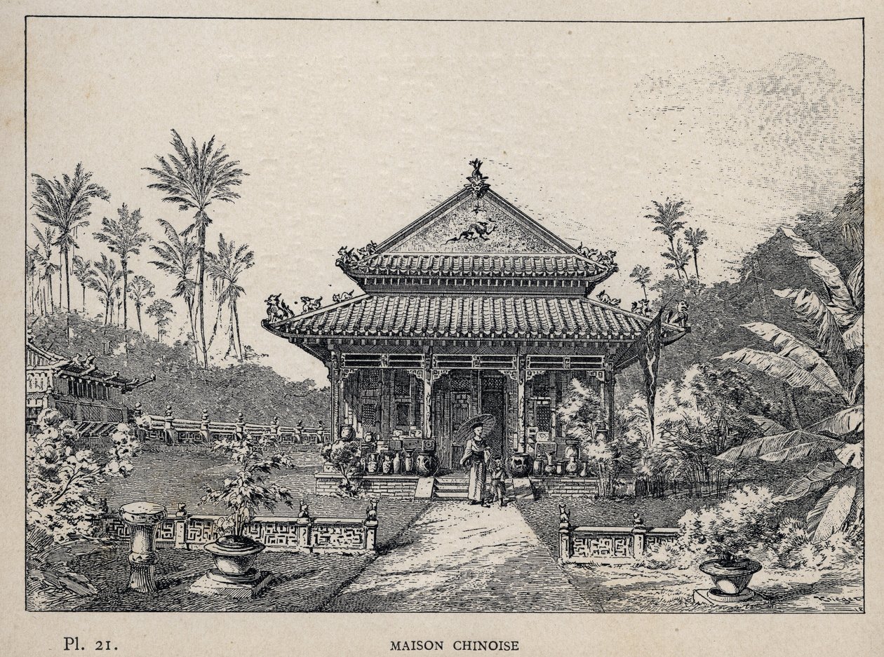 中国房屋--1889年的雕刻，载于《1889年世界博览会人类居住史》，作者是Charles GARNIER先生--巴黎中央美术出版社1889年版。 作者 未知艺术家