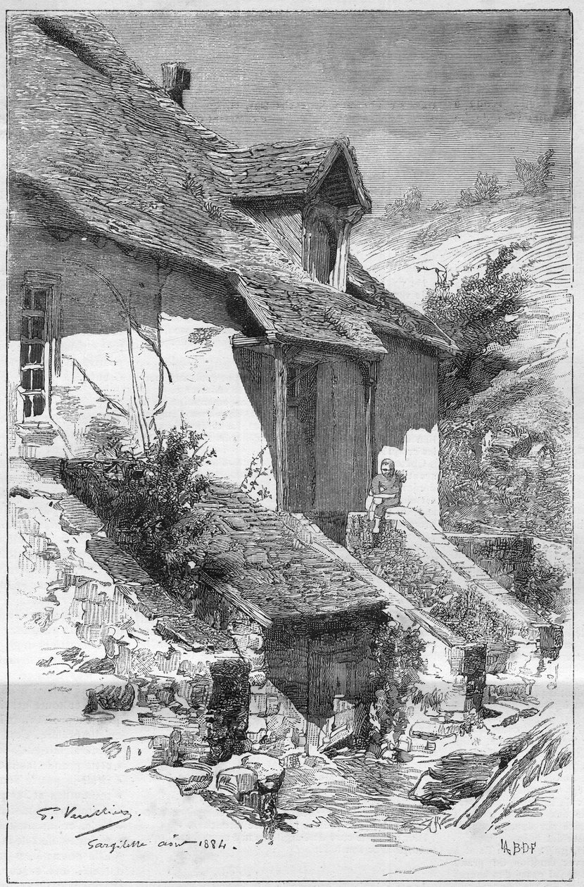 法国作家乔治-桑（Aurore Dupin，Dudevant男爵夫人）（1804-1876）的房子，位于法国克勒兹河畔的Gargilesse（Indre）。在《世界画报》上的雕刻作品 作者 未知艺术家