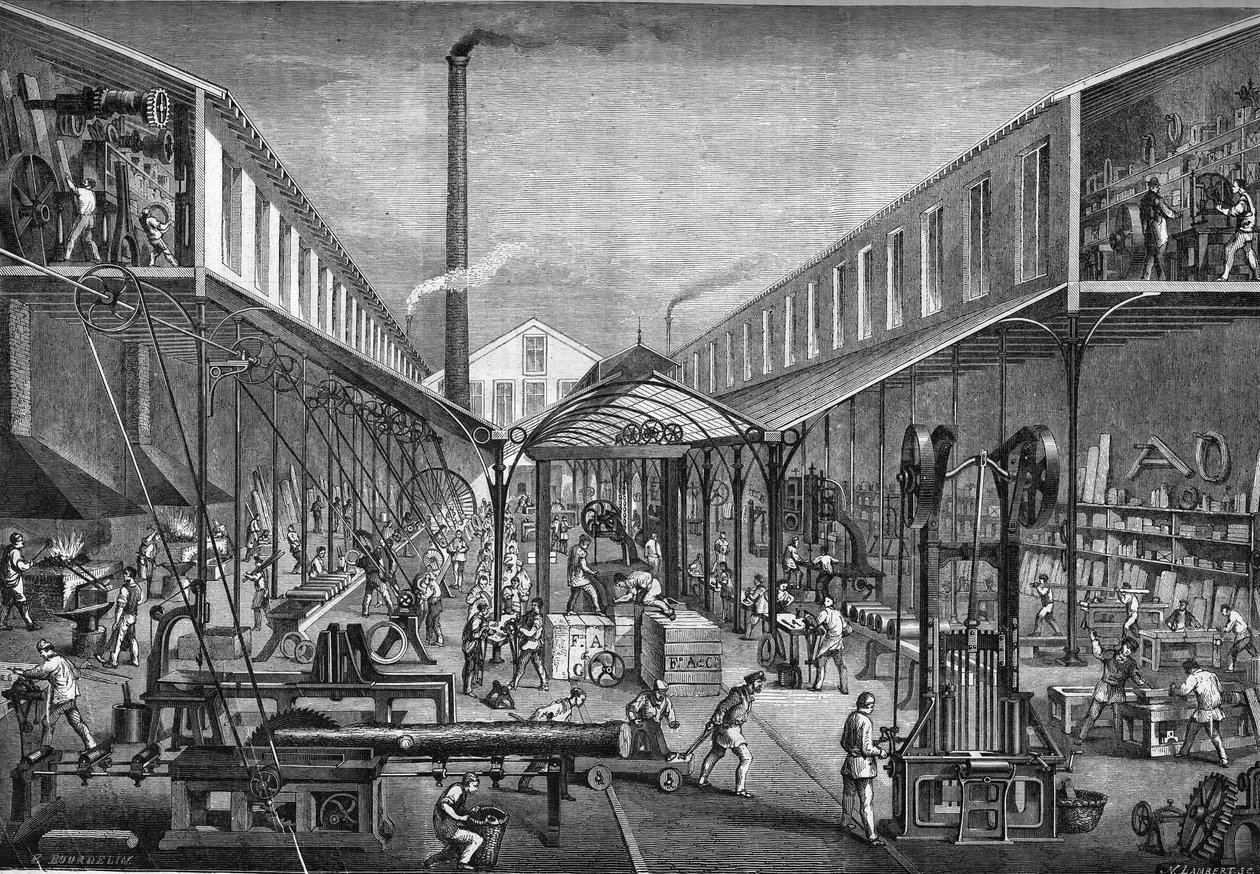 19世纪的主要产业：锯木厂和机床的建筑车间，1865年从M.Arbey到巴黎。 作者 未知艺术家