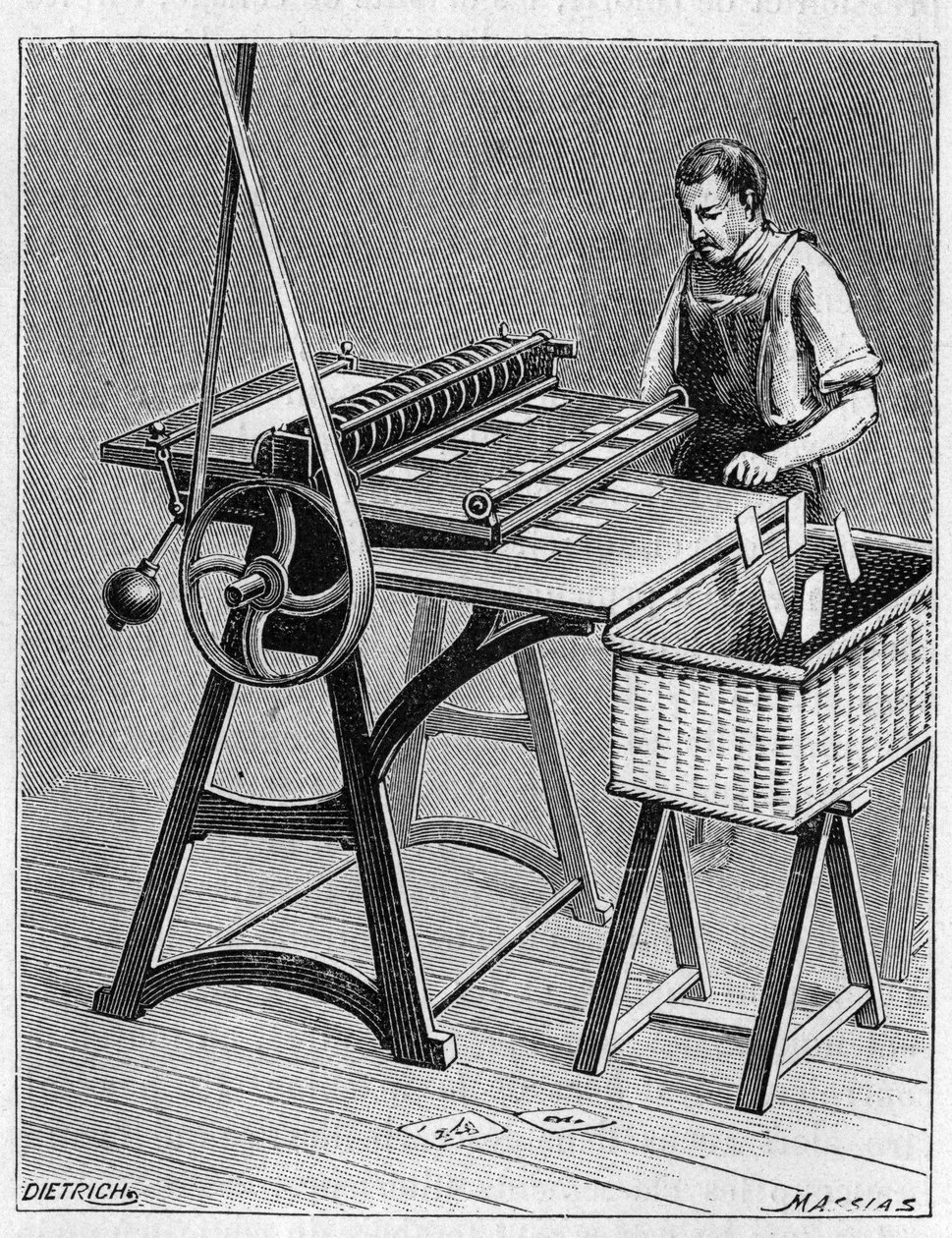 用古老的方法制作扑克牌来玩。扑克牌的脱胶。1893年的雕版画。 作者 未知艺术家