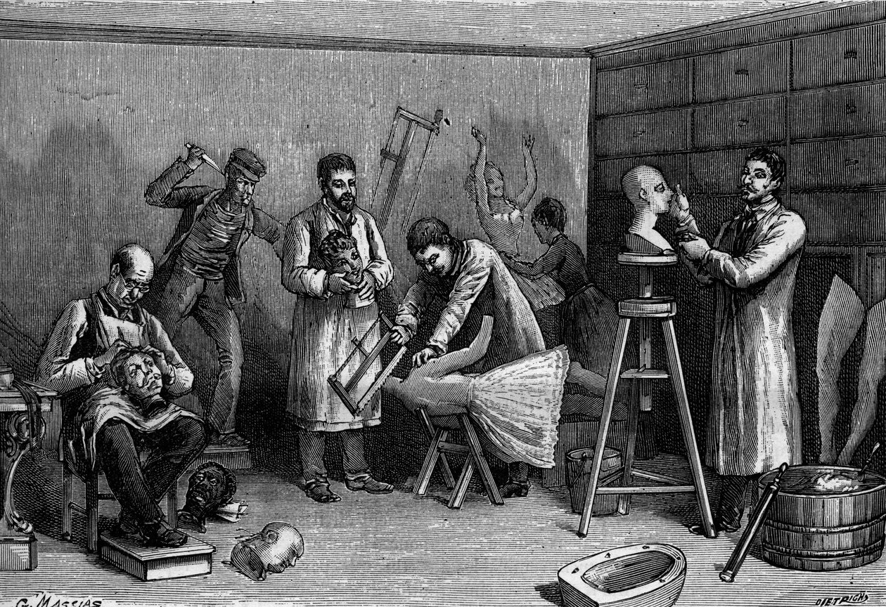 在巴黎的格雷文博物馆制作蜡像。1894年4月21日的《自然：科学与艺术和工业应用杂志》中的雕刻作品。 作者 未知艺术家