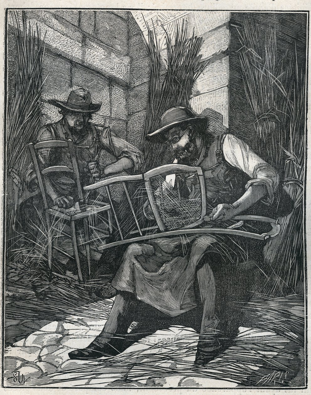 椅子的制造：对椅子进行除草和打蜡。1885年阿道夫-比塔尔在 "艺术与测量图解 "中的版画。 作者 未知艺术家