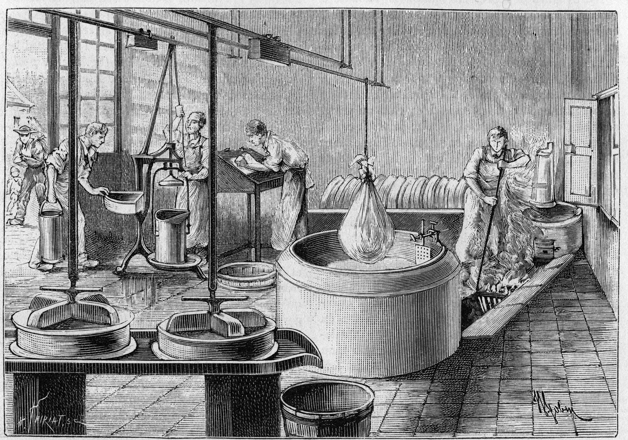 Gruyere的制造：一个现代奶酪工厂。1891年9月19日 "自然：科学与艺术和工业应用杂志 "中的雕刻。 作者 未知艺术家
