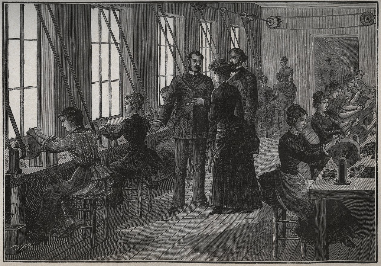 金属羽毛的制造：19世纪法国的磨刀车间。1885年阿道夫-比塔尔（Adolphe BITARD）在 "Les arts et metiers illustrstres "中的版画。 作者 未知艺术家
