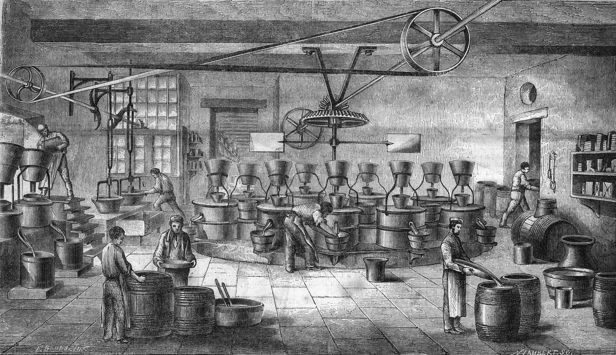 波尔多的Louit freres公司生产芥末和罐头食品。1865年的雕版画。 作者 未知艺术家