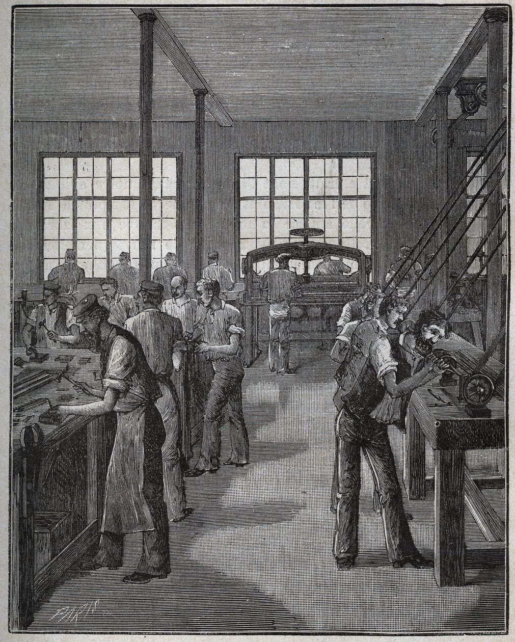 制造笔架（笔筒）和笔筒（铅笔架）。1885年阿道夫-比塔尔在 "Les arts et metiers illustrstres "中的雕刻。 作者 未知艺术家