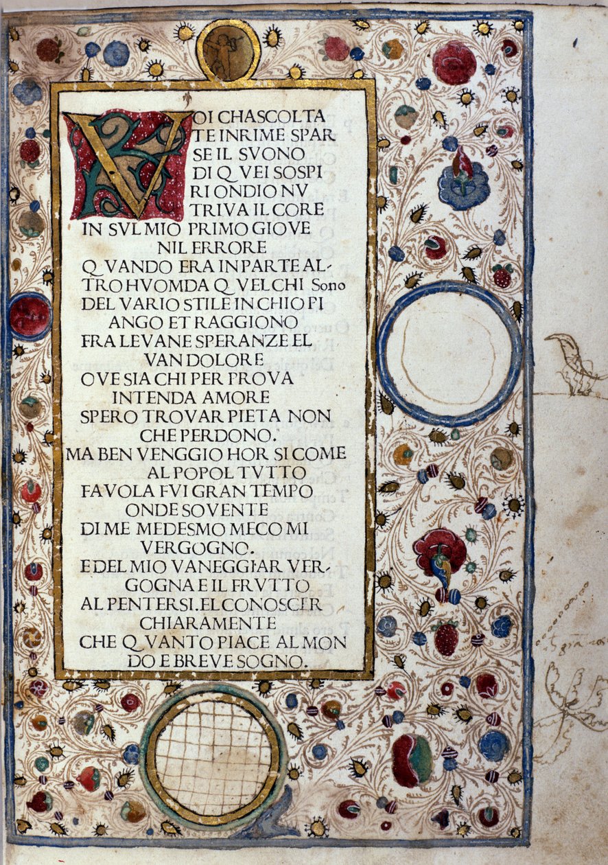 弗朗切斯科·佩特拉卡 (Petrarca) (1304-1374) 1493 年撰写的“Il Canzoniere”手稿页 作者 未知艺术家