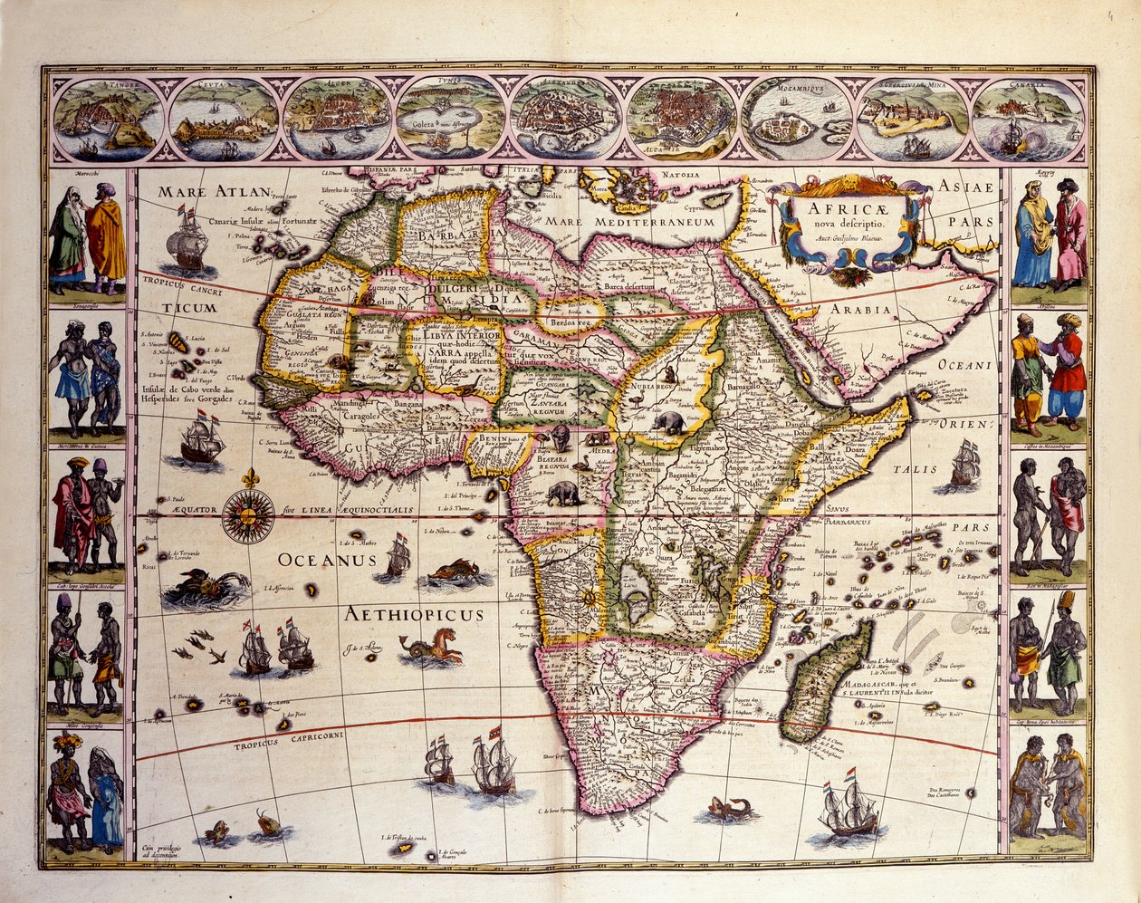 来自威廉·布劳 (William Blaeu) 的阿特拉斯的非洲地图。 顶部是丹吉尔、休达、阿尔及尔、突尼斯、亚历山大、阿尔凯尔、莫桑比克、圣乔治德拉米纳、加那利群岛等城市。 非洲以外的各种岛屿也有代表，Mascareignes 群岛，马达 作者 未知艺术家