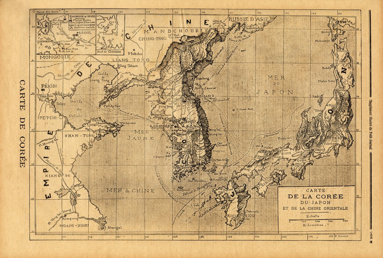 Map of Korea, Japan and East China. Engraving in “” Le petit journal”” 3/09/1894. Selva