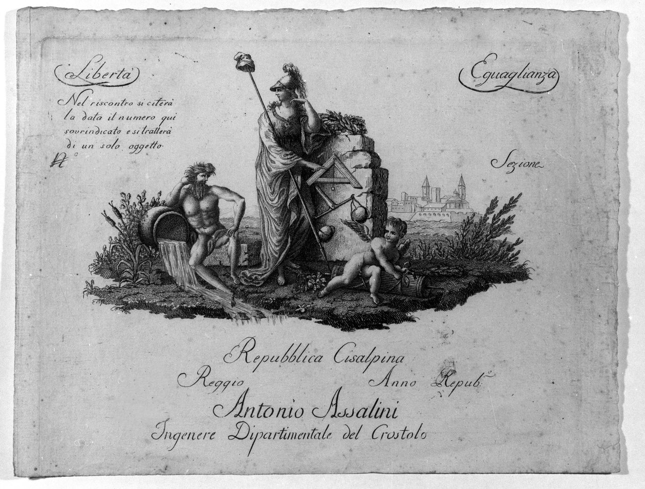 Cisalpine 共和国（Cisalpina）地图由拿破仑·波拿巴于 1797 年 6 月 27 日在意大利的法国模型上创建，该模型于 1802 年成为意大利共和国。法兰西共和国的价值观被铭刻在其中（Liberte、Egalite）。 雕刻 Museo del ris 作者 未知艺术家