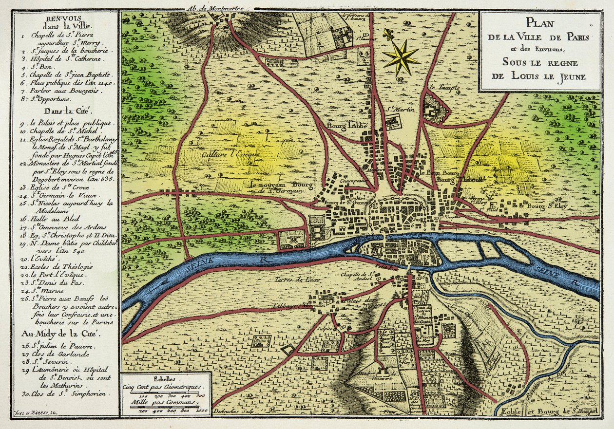 路易·勒·琼 (Louis VII 1120-1180) 统治下的巴黎市地图，法郎王，19 世纪雕刻 作者 未知艺术家