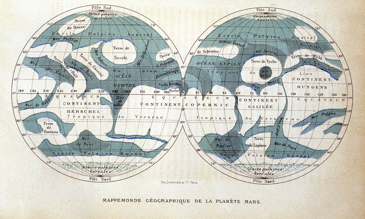 火星地图--载于Camille Flammarion编的《大众天文学》。Marpon & Flammarion 作者 未知艺术家