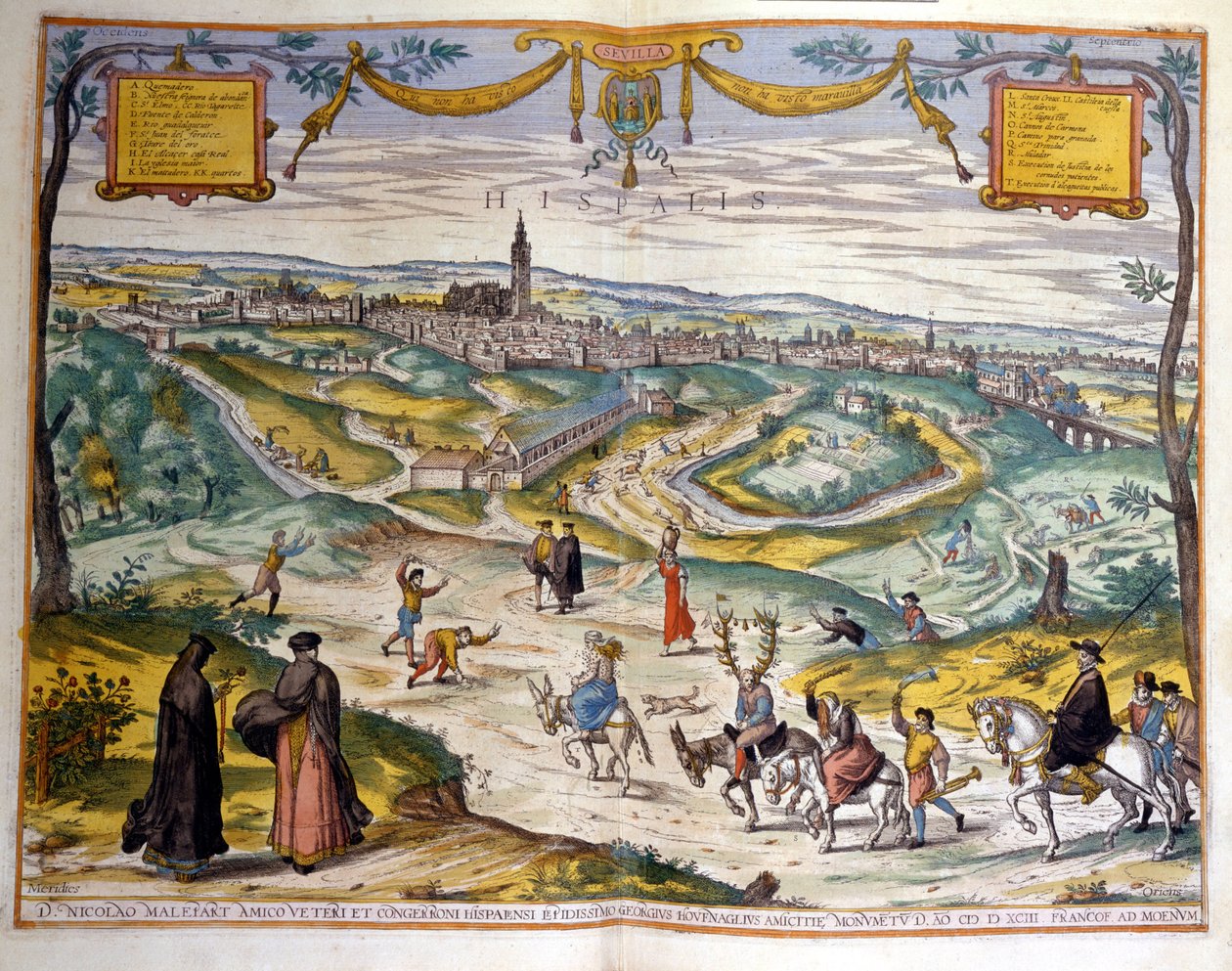 1590 年的塞维利亚市地图。在图片的右下角，村里的人取笑骑驴的戴绿帽子。 作者 未知艺术家