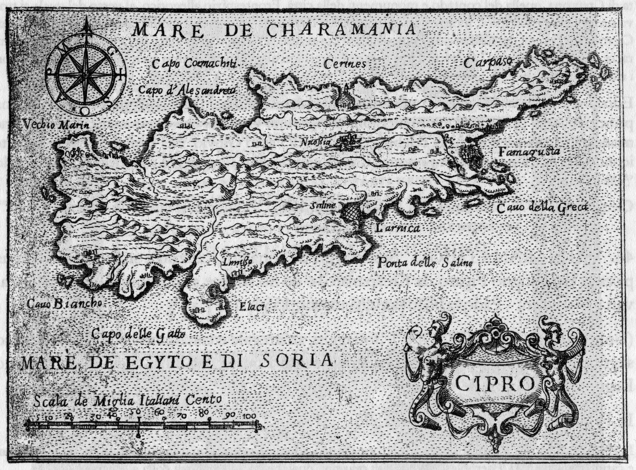 1587年 "Il devotissimo viaggio di Gerusalemme "中的塞浦路斯岛地图（cipro）。 作者 未知艺术家