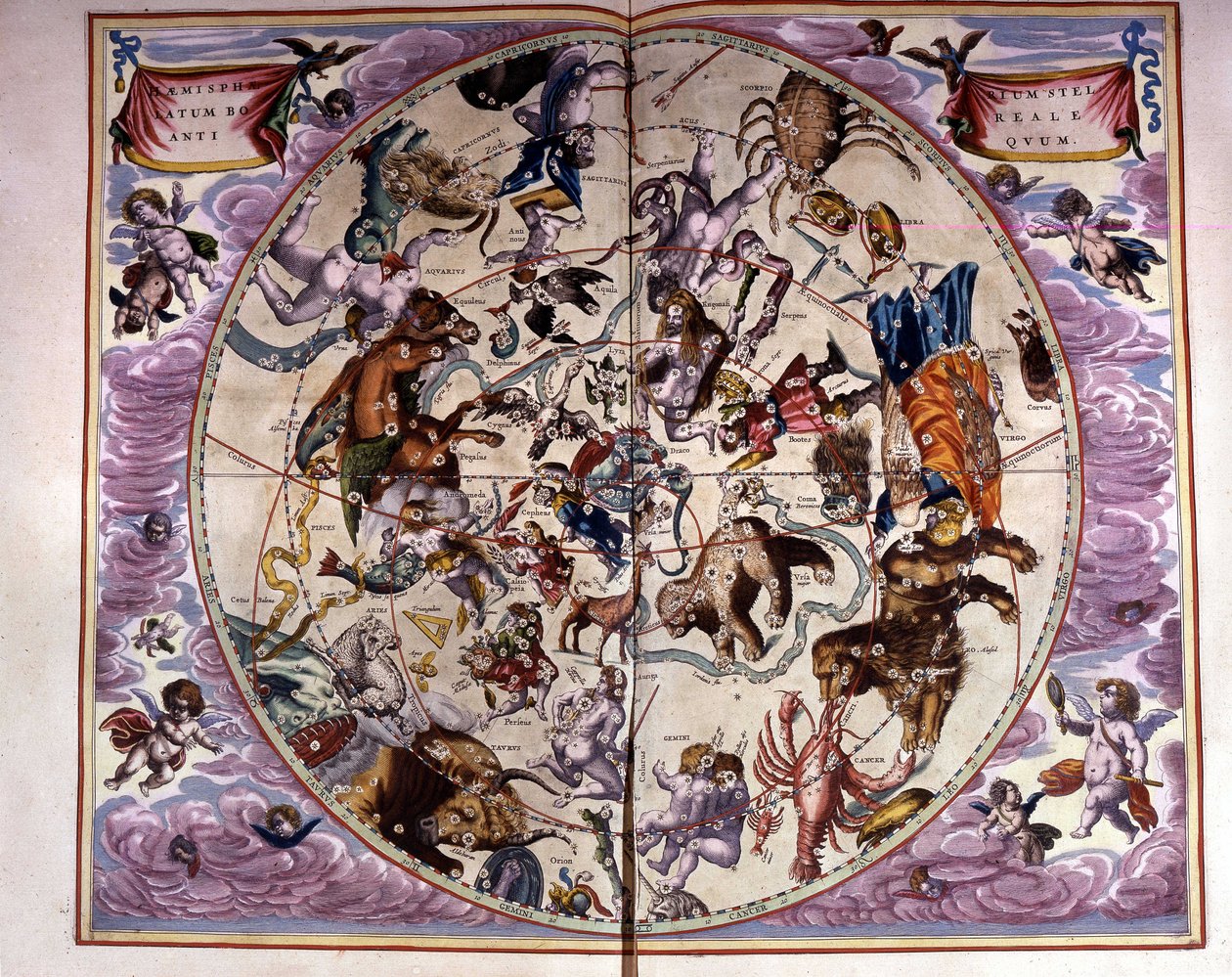 根据安德烈·塞拉里乌斯 (André Cellarius) 的“宏大宇宙”(Harmonia Macrocosmica)，天空地图和黄道十二宫——代表北方天空星座的古代作品的复制品 作者 未知艺术家
