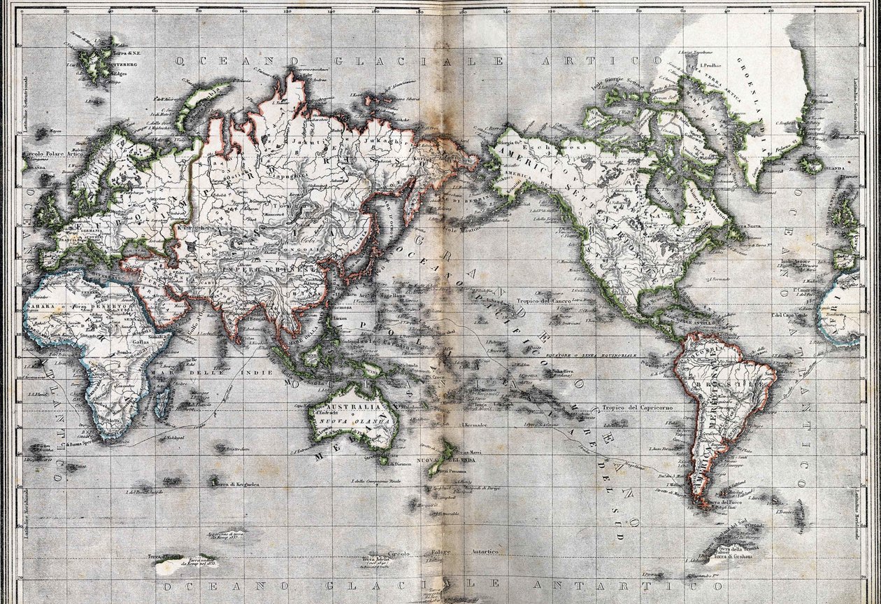 世界地图。意大利。19世纪中叶的雕版画。 作者 未知艺术家