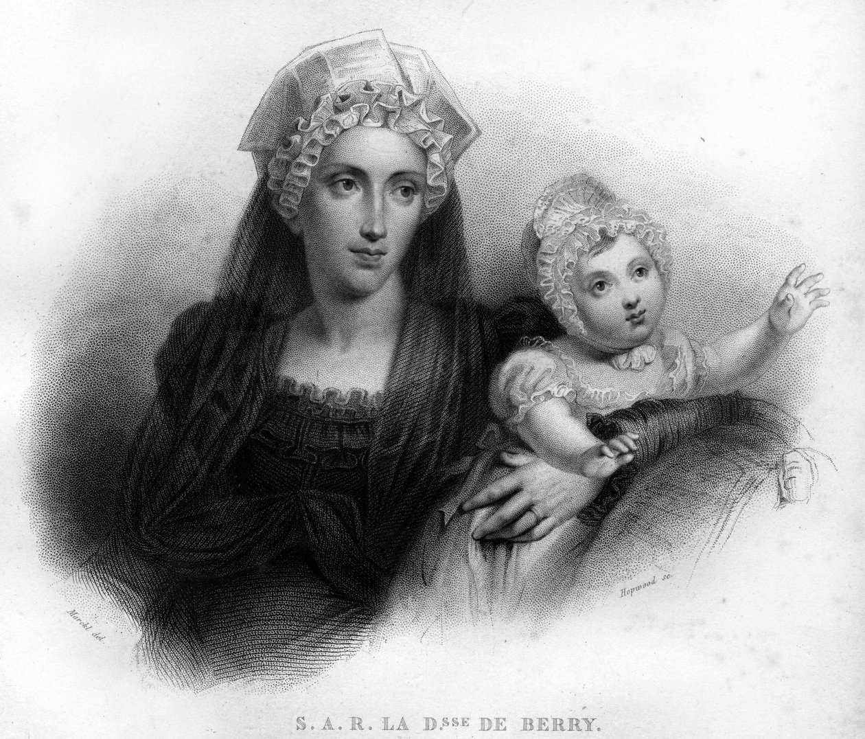 玛丽-波旁西西里的卡罗琳，贝里公爵夫人（1798-1870）身着寡妇装，抱着她的女儿路易丝-玛丽-泰蕾兹（1819-1864）。1820年的雕版画。 作者 未知艺术家