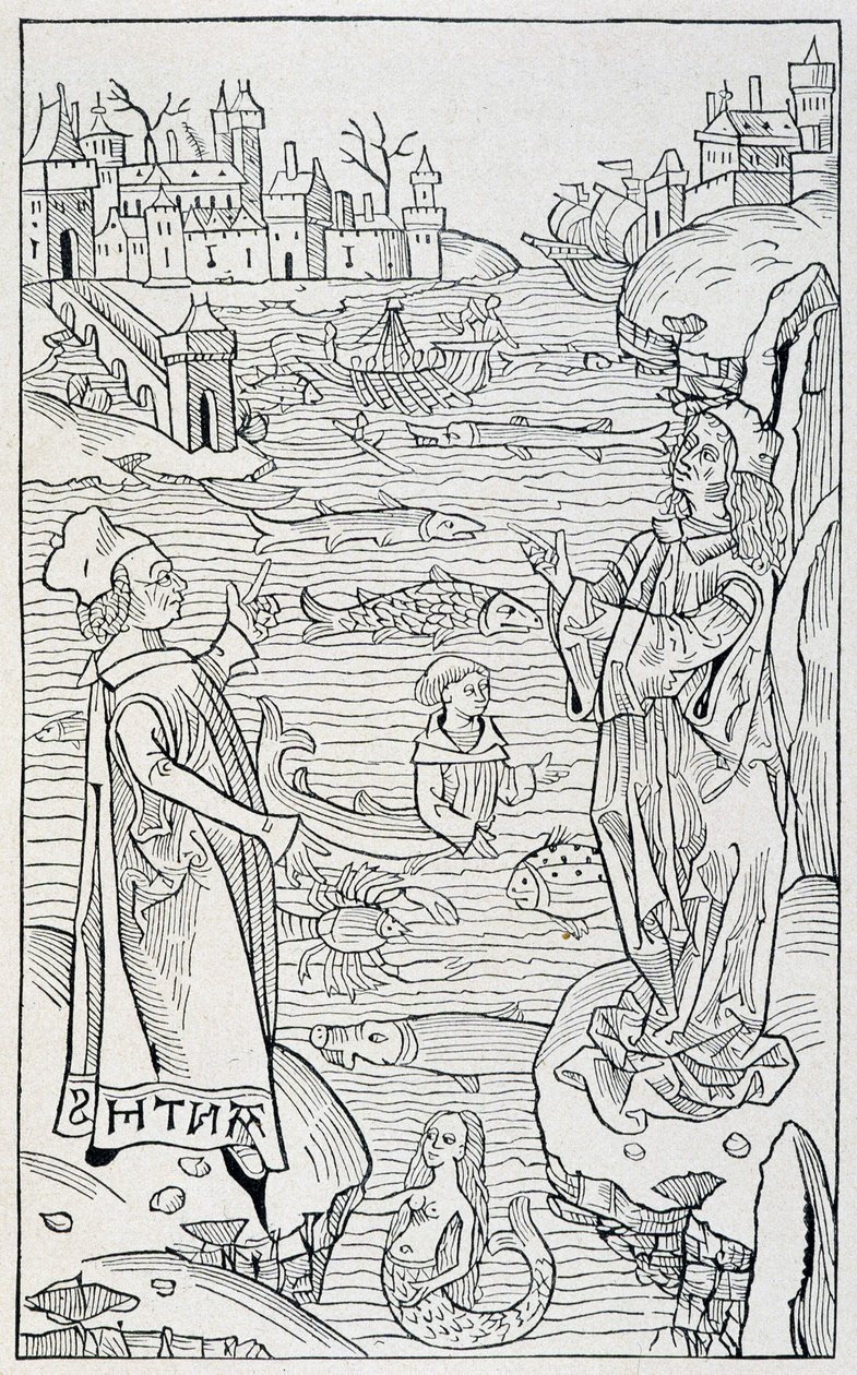 海洋动物和怪物 - “Hortus Sanitatis”中“De Piscibus”一章的标题页，1491 年美因茨版 作者 未知艺术家