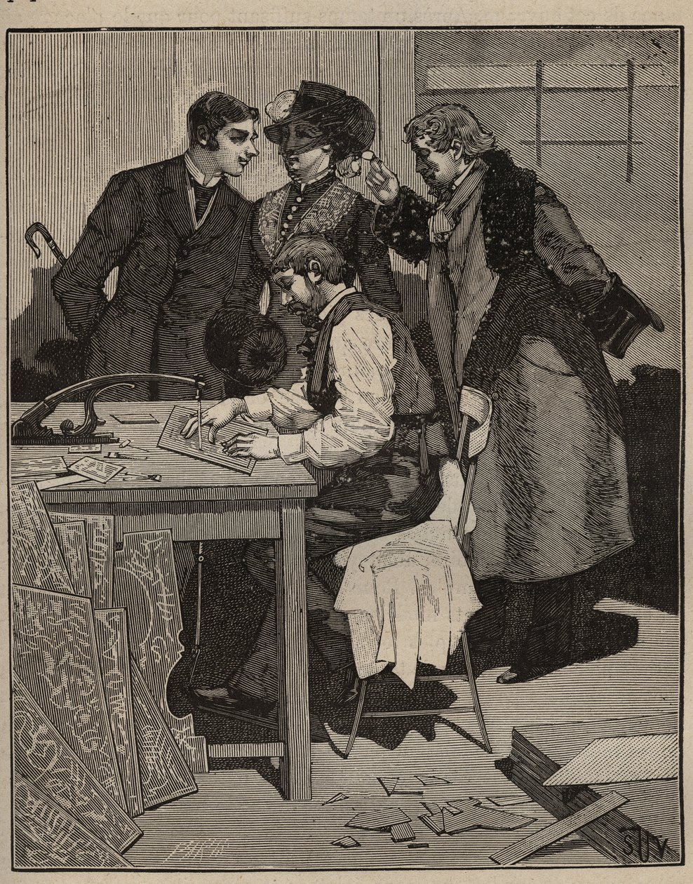 镶嵌工艺：镶嵌工艺有作用。1885年阿道夫-比塔尔（Adolphe BITARD）在 "Les arts et metiers illustrstres "中的雕版。 作者 未知艺术家