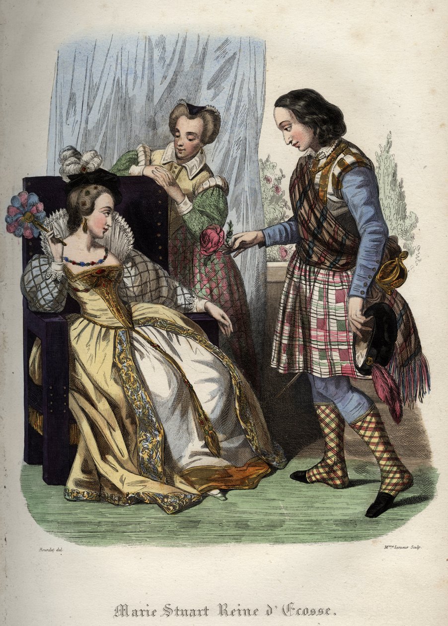苏格兰女王玛丽（苏格兰的玛丽一世）（Marie Iere Stuart）（1542-1587）。1842年莫里斯-拉夏尔在 "教皇的历史 "中的版画。私人收藏。 作者 未知艺术家