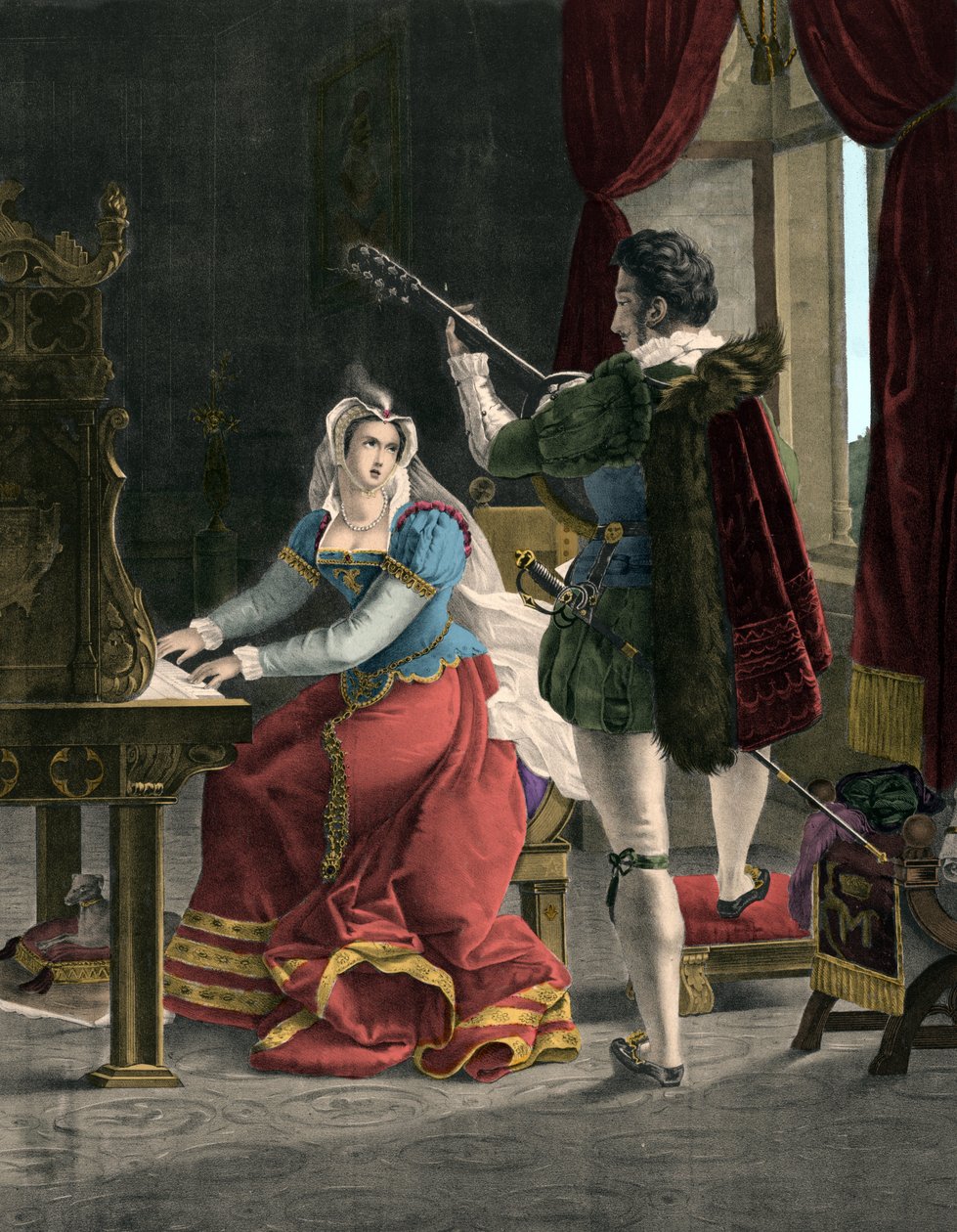 玛丽·斯图尔特和大卫·里齐奥 - 玛丽 (Mary) Iere Stuart (1542-1587) 与大卫 (Davide) Rizzio - 19 世纪雕刻 作者 未知艺术家