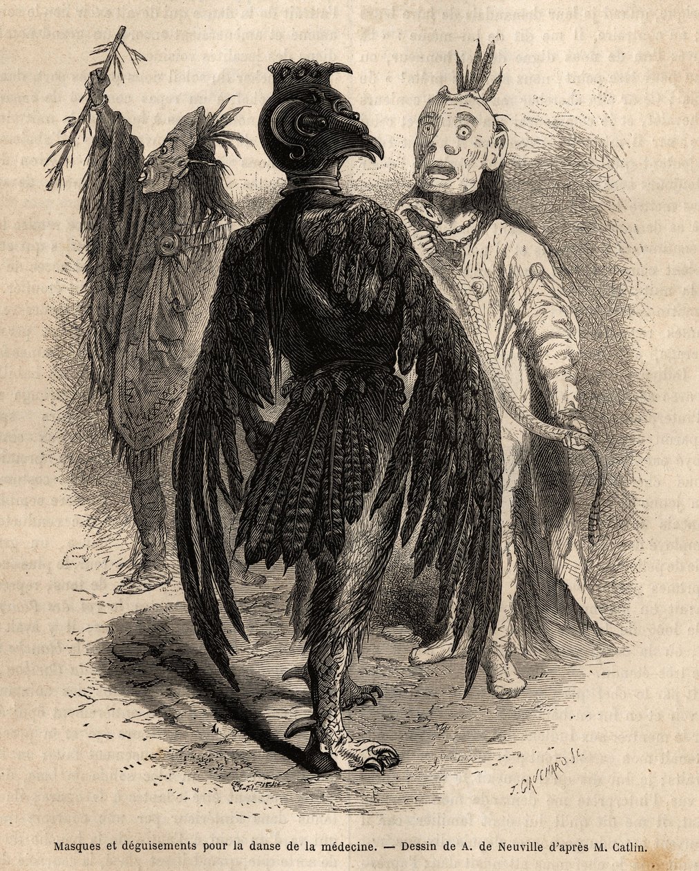 Masks and disguises for the dance of medicine among the Naya Indians. Engraving to illustrate an excursion among the Indian tribes of the basins of Colombia and Upper Missouri, by G. Catlin, in 1855, published in “” le tour du monde””, under the direction  作者 未知艺术家