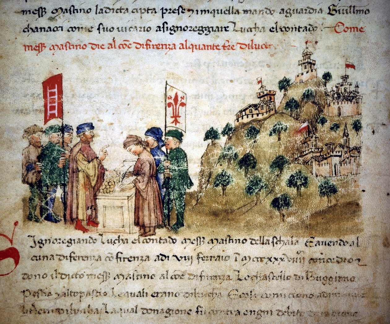 Mastino II de la Scala (1308 - 1351) 在 1300 年左右为佛罗伦萨市提供了大量来自卢卡的土地 - 在“Croniche del Sercambi”中，大约 1400 年。国家档案馆，卢卡。 作者 未知艺术家