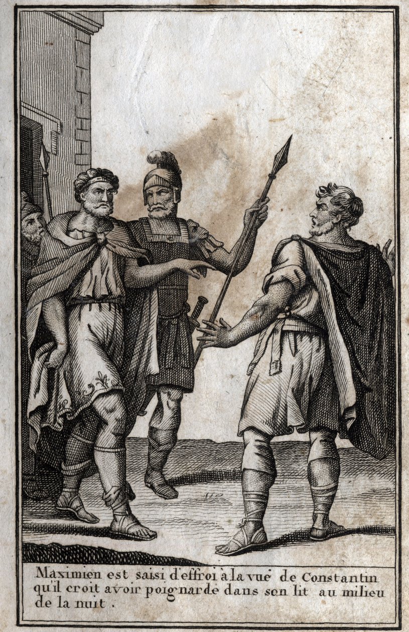 罗马皇帝马克西米安-赫拉克勒斯（Marcus Aurelius Valerius Maximianus）（约250-310年）看到他的女婿康斯坦丁（Constantine I，Flauius Valerius Aurelius Constantinus，272-306年）时感到恐惧，他认为自己在床上刺伤了他。 作者 未知艺术家