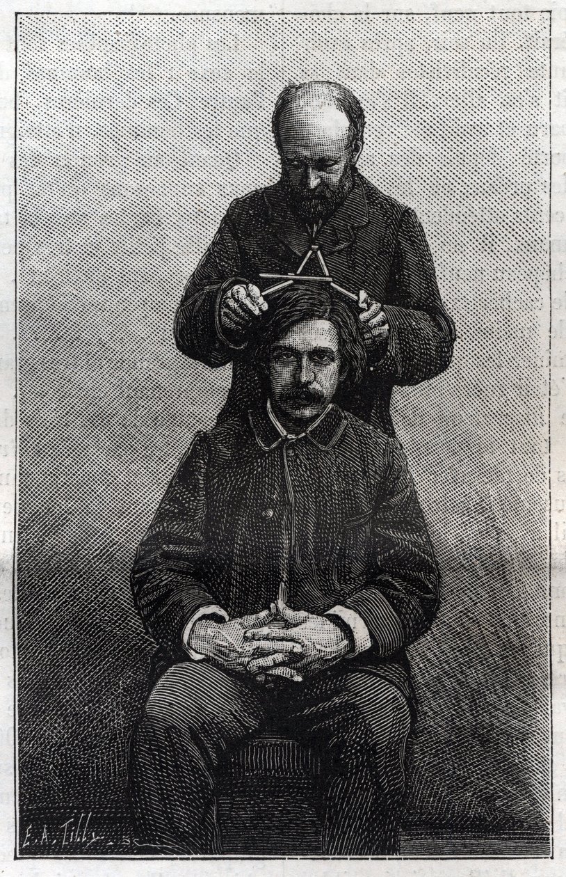 警察局根据阿尔方斯-贝尔蒂隆（Alphonse Bertillon，1853-1914）的方法对头部的最大宽度进行测量，被称为 "贝尔蒂隆法"。在 "La Nature "上的雕刻 作者 未知艺术家