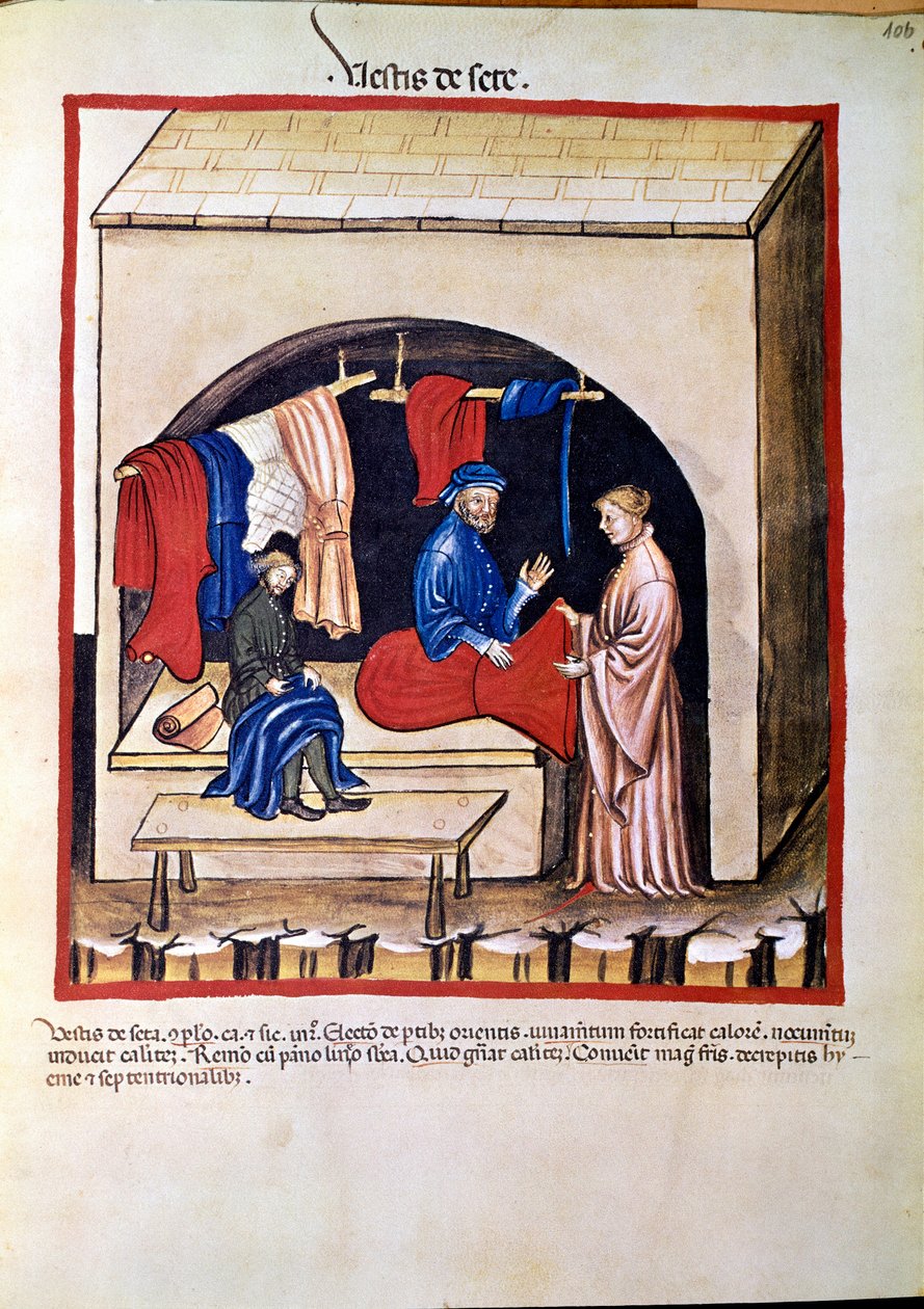 医药贸易："丝绸服装商人" 页面取自 "Tacuinum sanitatis"（Cod.ser.nov.2644） 1400年左右 维也纳，Osterreischische Nationalbibliothek 作者 未知艺术家
