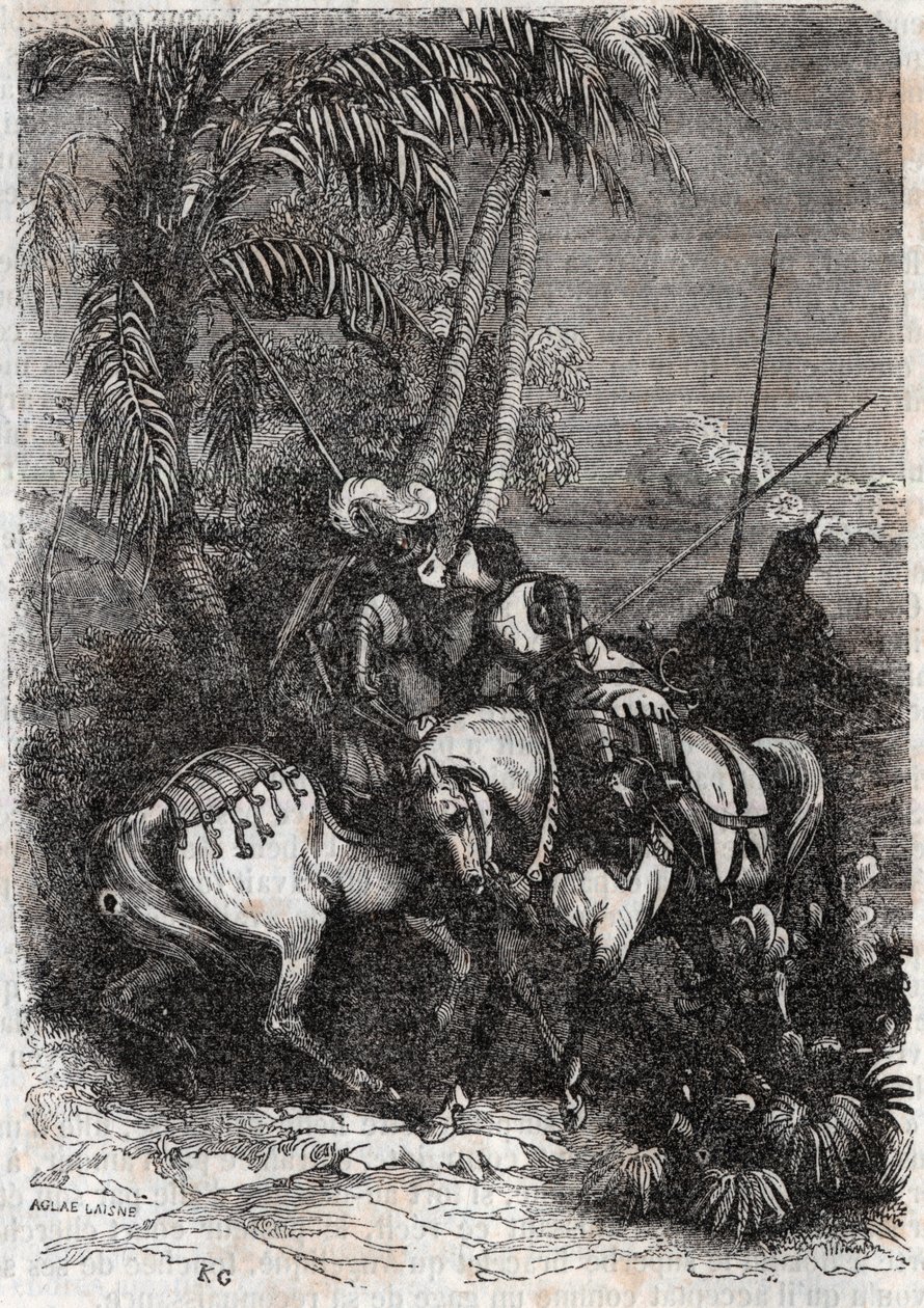 马尔菲斯（Marfisa）、阿斯托弗（Astolfo）和桑索内（Sansonetto）的会面--1851年的雕刻，出自卢多维科-阿里奥斯托的 "Roland furieux"（Orlando furioso）（16世纪），被称为阿里奥斯塔--由特雷桑伯爵从意大利语翻译的版本。 作者 未知艺术家