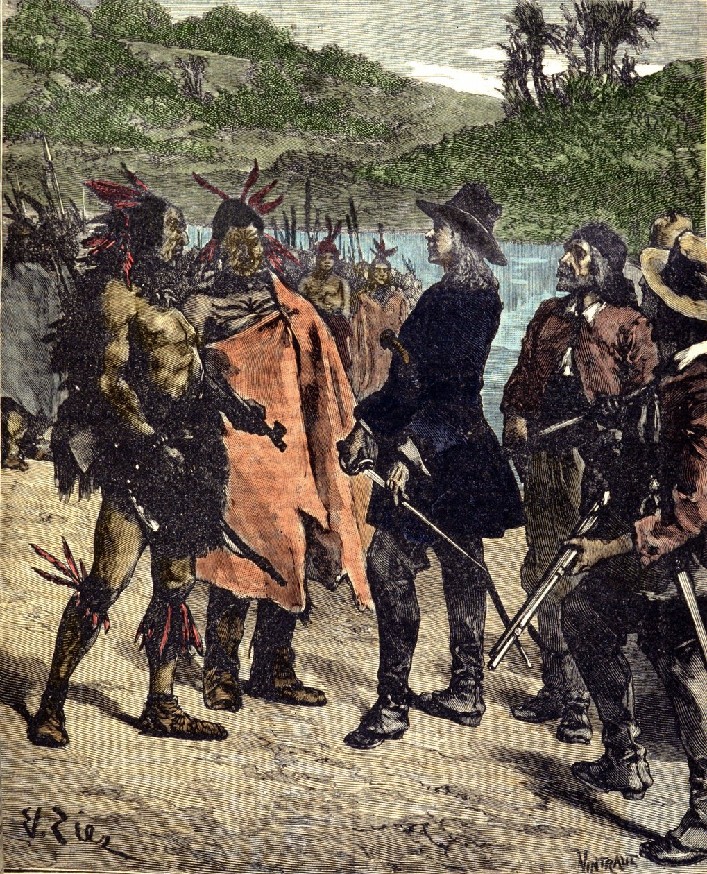 Meeting of Robert Cavelier de La Salle (1643-1687) with the Indians of America. Engraving of the 19th century. 作者 未知艺术家