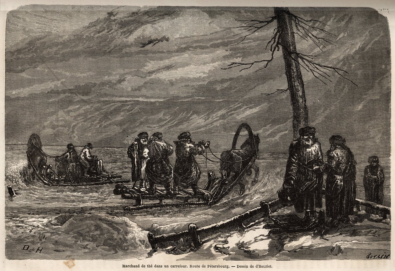 Merchant of the ambulant, has a snow crossroads of the road to St. Petersburg. Drawing by Henriet, to illustrate his trip to the Russian Baltic provinces in 1851-54. Engraving in “” Le tour du monde””, edited by Edouard Charton 作者 未知艺术家