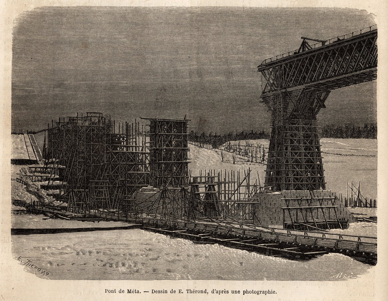Meta Bridge（乌克兰），建设中。 1869 年威廉·赫普沃斯·迪克森 (William Hepworth Dixon) 为说明自由俄罗斯而雕刻的插图，发表于 1872 年的《世界之旅》(Le tour du monde)，由 Edouard Charton 编辑，巴黎阿歇特 (Hachette) 版。 塞尔瓦收藏。 作者 未知艺术家