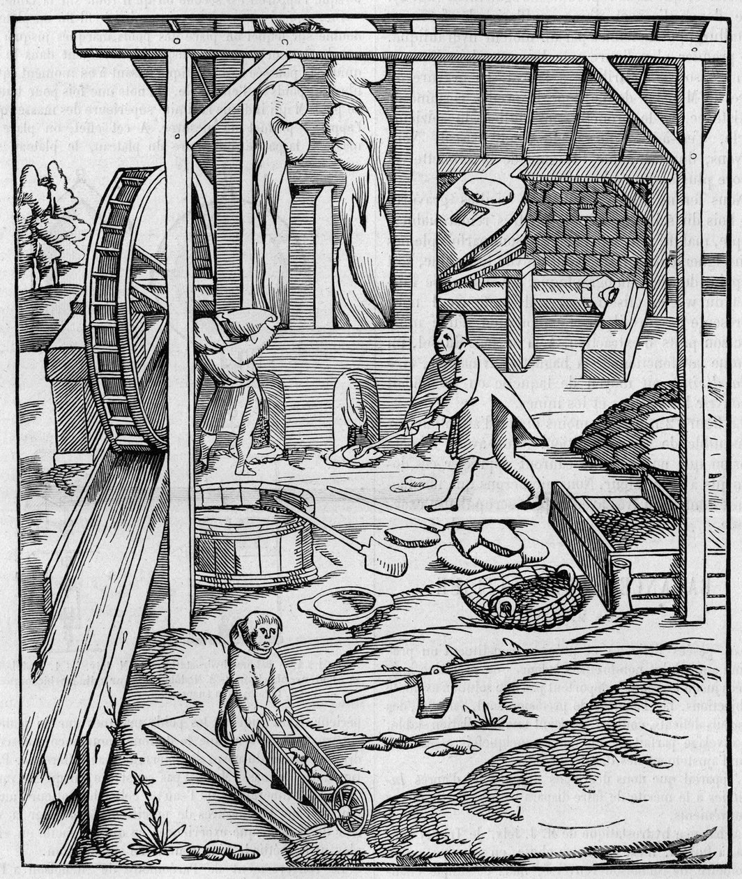 由液压马达操作的金属炉鼓风机。Sebastien Munster在 "Cosmographie"（1555年）上发表的一幅雕刻作品的Fac simile（面部模拟）。载于《自然：科学与艺术和工业应用杂志》的10幅版画。 作者 未知艺术家