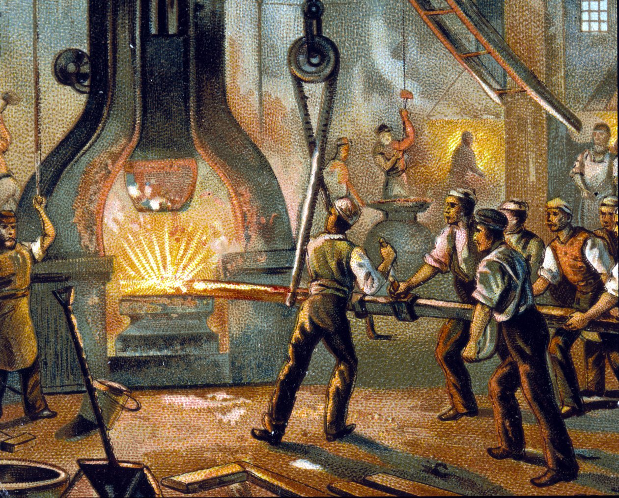 冶金：鼓锤（drumhammer）——铁的制造。 彩色平版印刷机 1890。 作者 未知艺术家